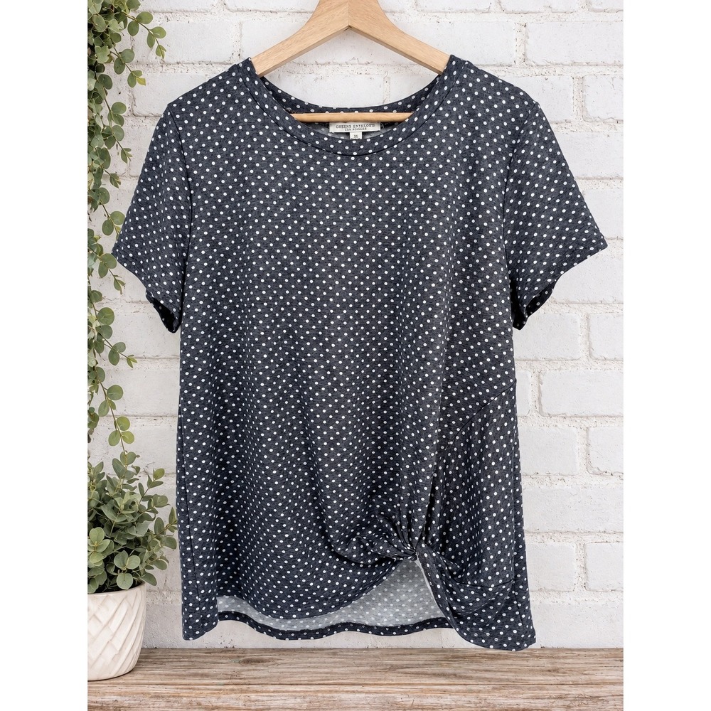 Green Envelope Top Womens XL Gray Polka Dot Front Knot Short Sleeve Crew Neck